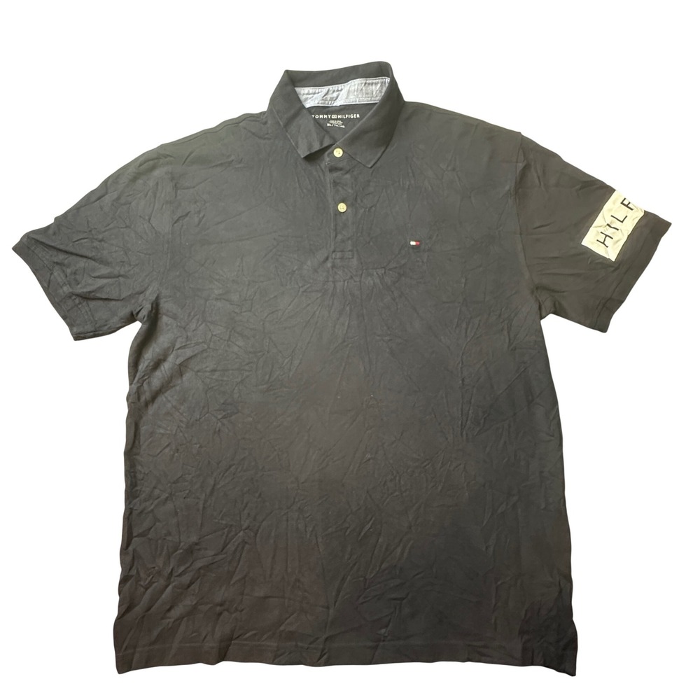 Tommy Hilfiger Polo Shirt Mens XL‎ Navy Blue Hilfiger Sleeve Logo Pique Stretch